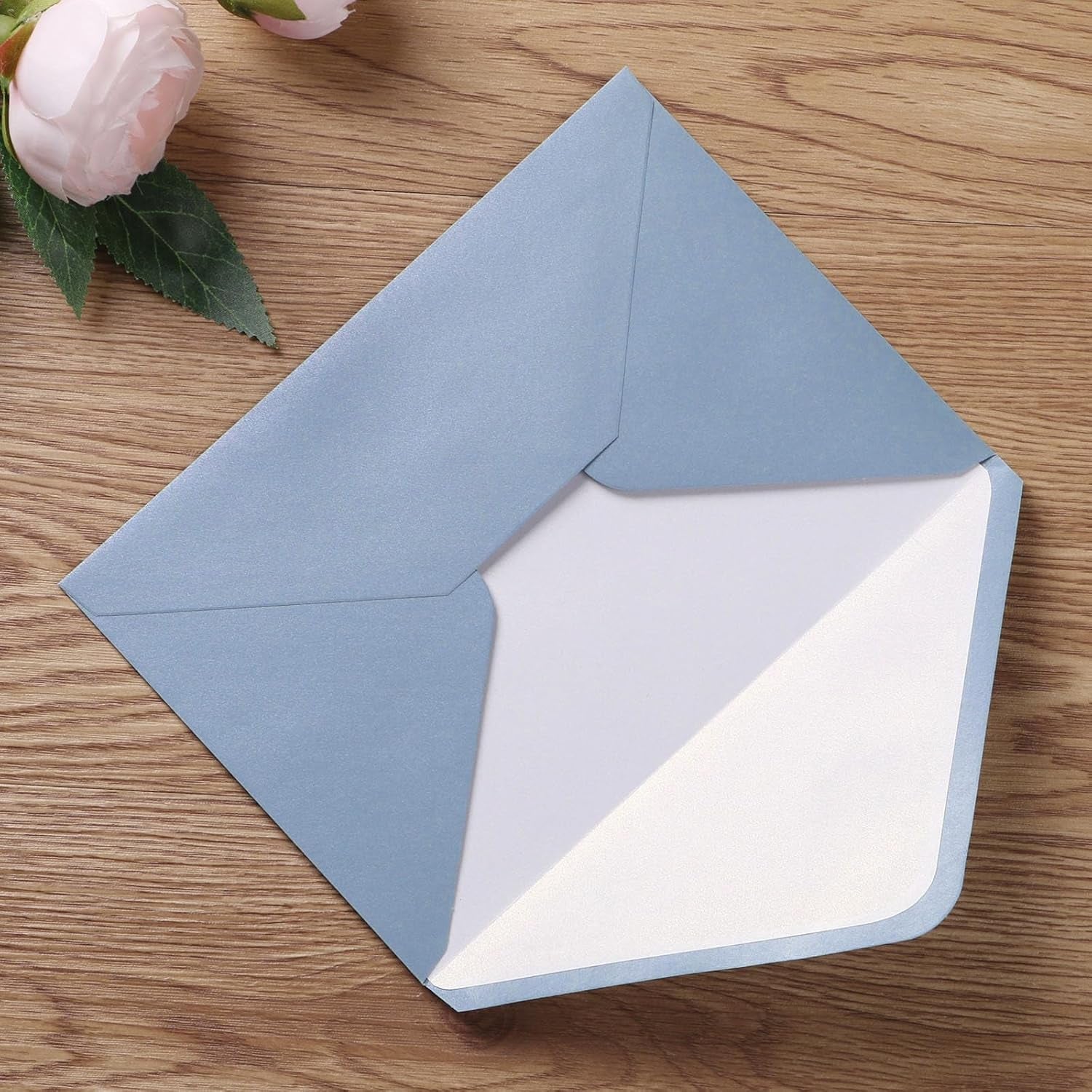 50 Pieces/Lot A7 Envelopes, 5.25 X 7.48'' Sparkle Dusty Blue Envelopes Perfect for 5X7 Weddings Invitation Cards, Graduation Invite (Pearl White Liner + Sparkly Dusty Blue)