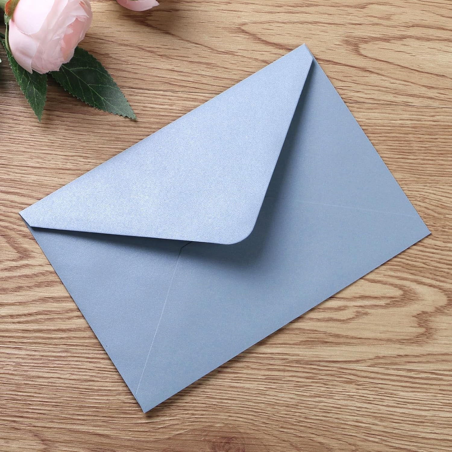 50 Pieces/Lot A7 Envelopes, 5.25 X 7.48'' Sparkle Dusty Blue Envelopes Perfect for 5X7 Weddings Invitation Cards, Graduation Invite (Pearl White Liner + Sparkly Dusty Blue)