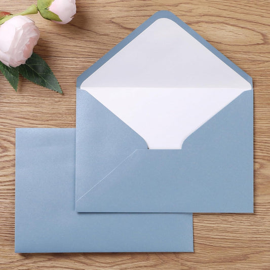 50 Pieces/Lot A7 Envelopes, 5.25 X 7.48'' Sparkle Dusty Blue Envelopes Perfect for 5X7 Weddings Invitation Cards, Graduation Invite (Pearl White Liner + Sparkly Dusty Blue)
