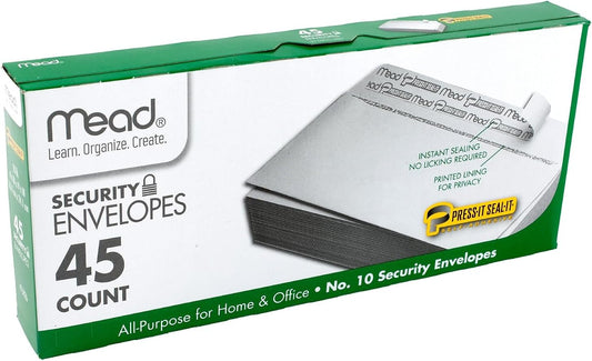 Security Envelopes with Printed Lining for Privacy, Self-Adhesive Closure, 20-Lb Paper, 4-1/8" x 9-1/2", White, 45 Count per Box