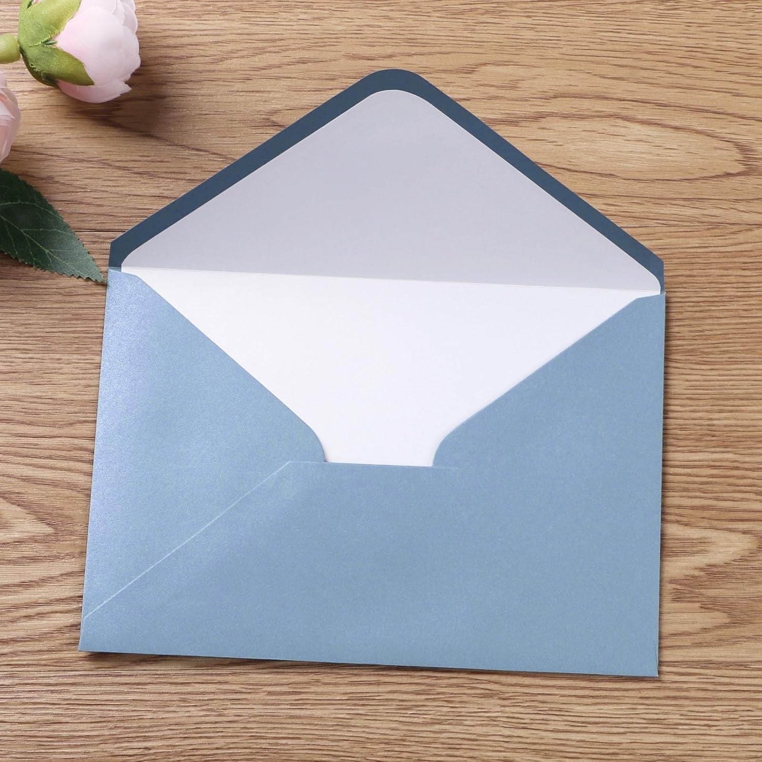 50 Pieces/Lot A7 Envelopes, 5.25 X 7.48'' Sparkle Dusty Blue Envelopes Perfect for 5X7 Weddings Invitation Cards, Graduation Invite (Pearl White Liner + Sparkly Dusty Blue)
