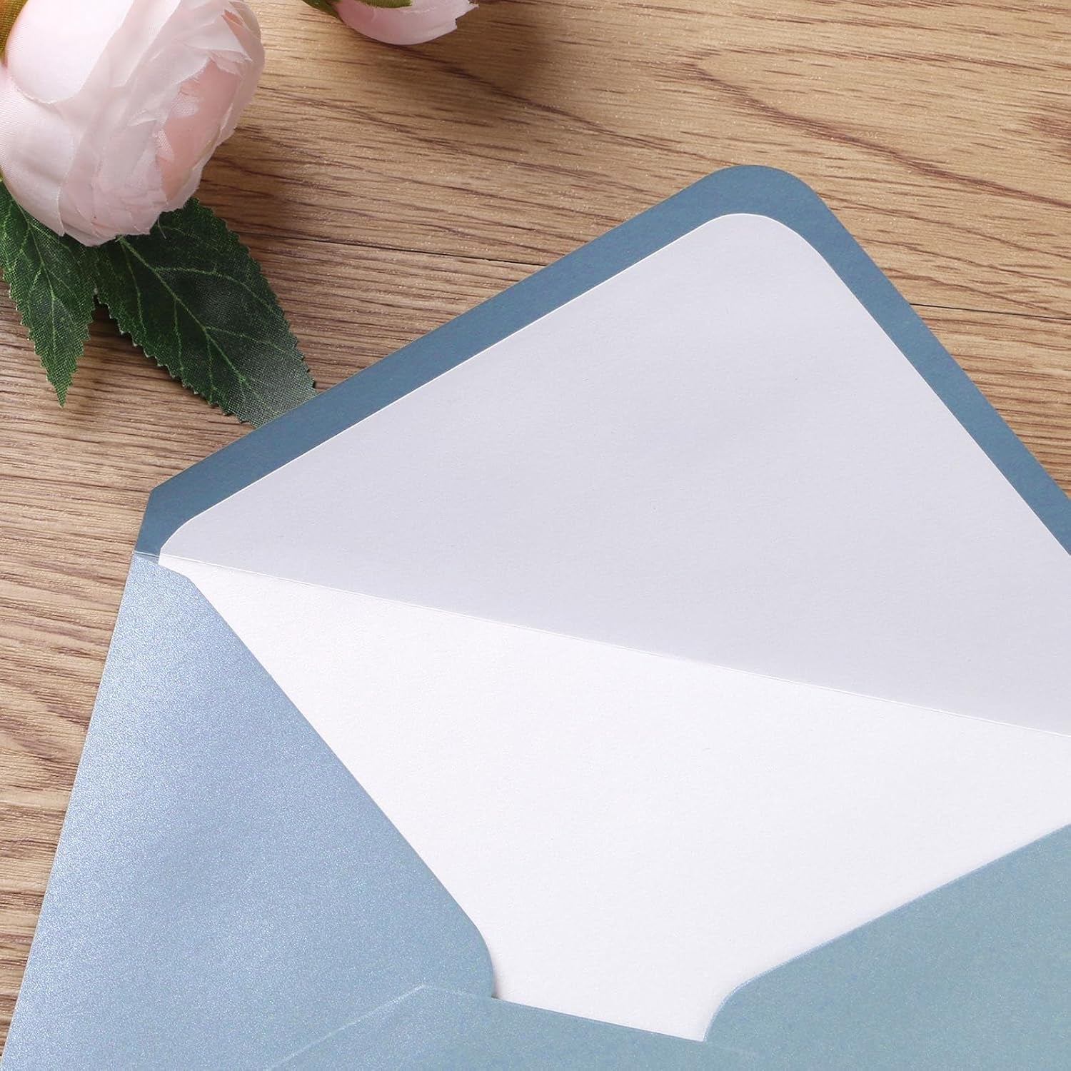 50 Pieces/Lot A7 Envelopes, 5.25 X 7.48'' Sparkle Dusty Blue Envelopes Perfect for 5X7 Weddings Invitation Cards, Graduation Invite (Pearl White Liner + Sparkly Dusty Blue)